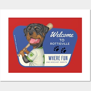 Cute Rottweiler in Baseball Uniform in Rottieville for fun Posters and Art